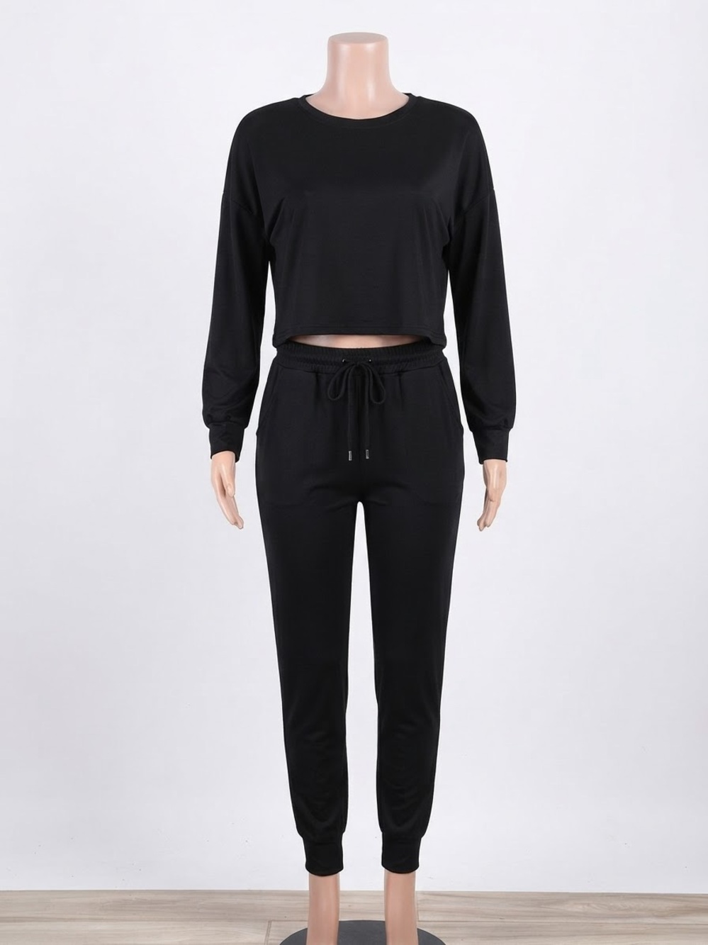 Everyday wear Black Cropped Sweat Jumpsuit with Drawstring Waist
